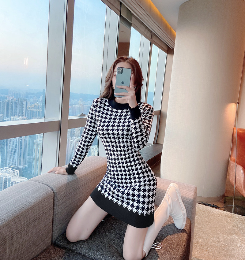 Temperament houndstooth mixed colors bottoming all-match dress