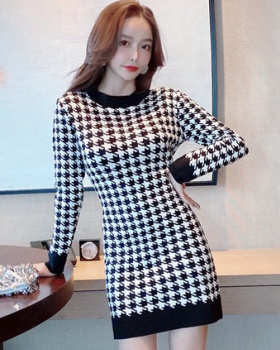 Temperament houndstooth mixed colors bottoming all-match dress
