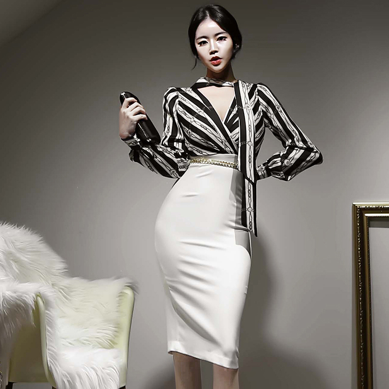 Temperament V-neck long long sleeve Korean style dress