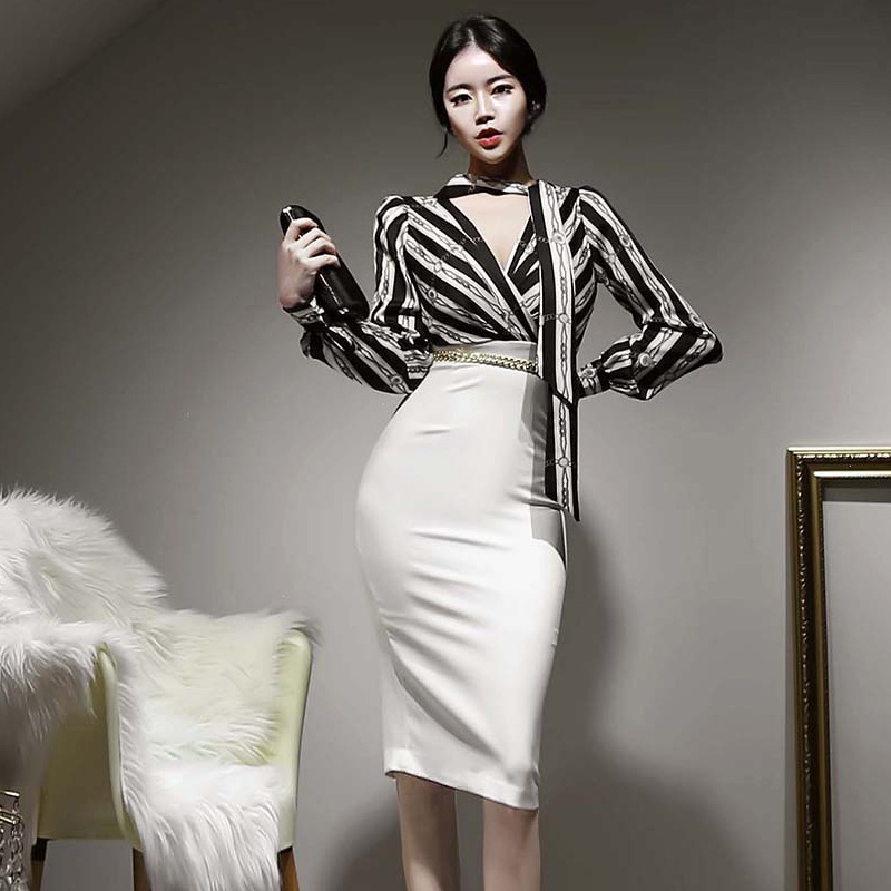 Temperament V-neck long long sleeve Korean style dress