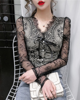 Sexy short long sleeve tops V-neck lace Korean style eyelash