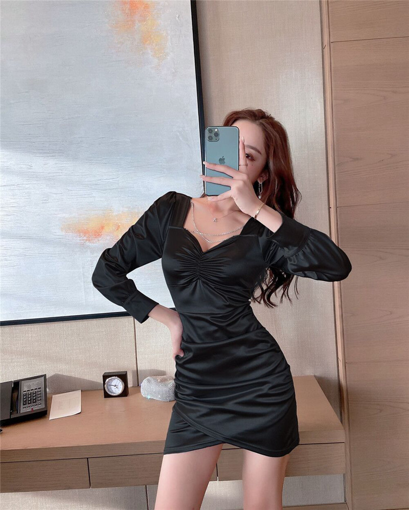 Pinched waist sexy hollow slim V-neck puff sleeve dress