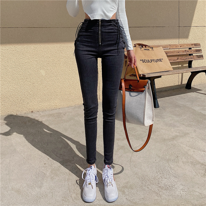 Zip high waist jeans elasticity long pants