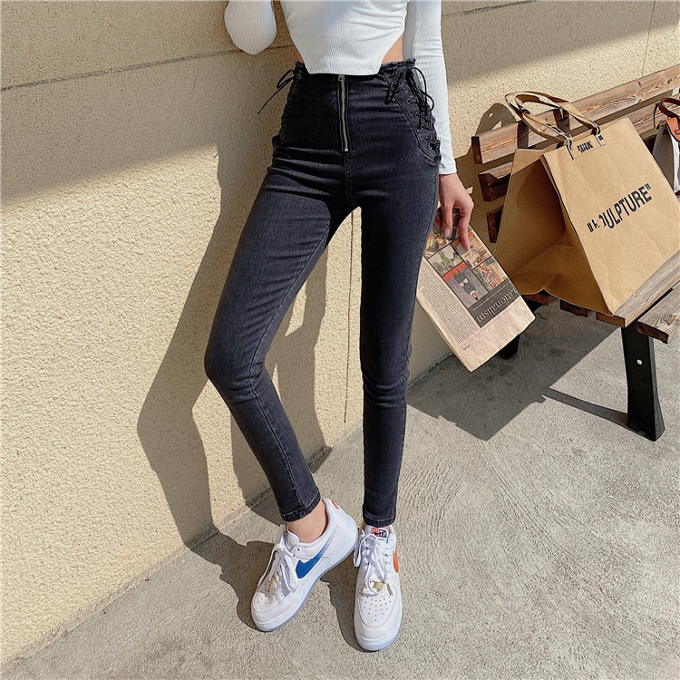 Zip high waist jeans elasticity long pants