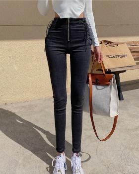 Zip high waist jeans elasticity long pants
