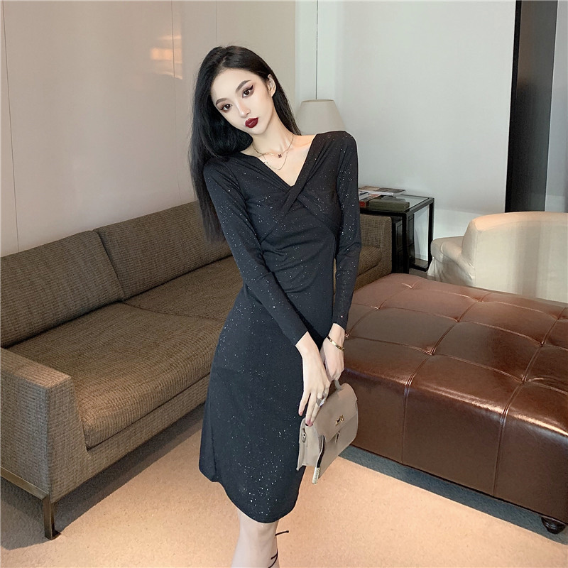 High waist slim V-neck bottoming dress