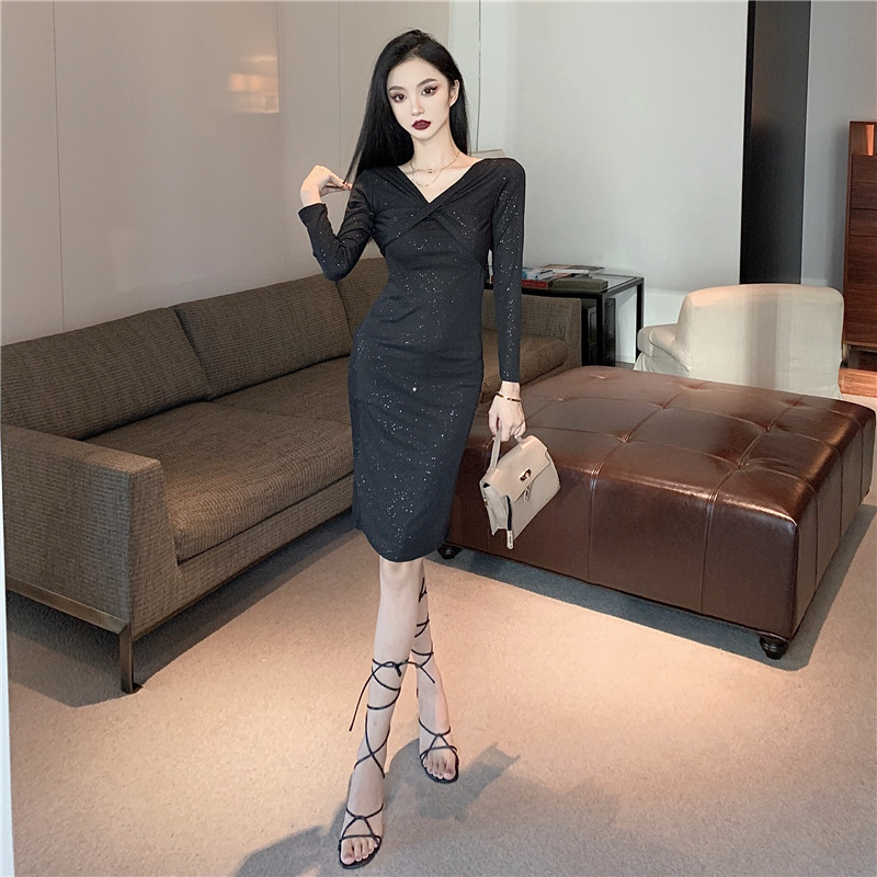 High waist slim V-neck bottoming dress