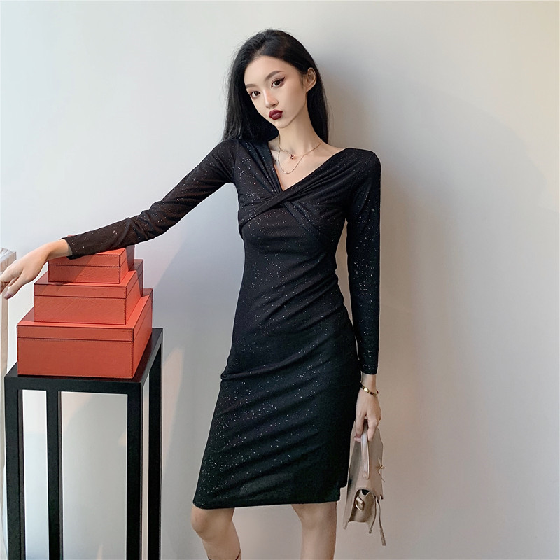 High waist slim V-neck bottoming dress