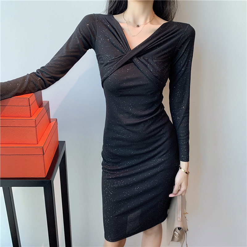 High waist slim V-neck bottoming dress