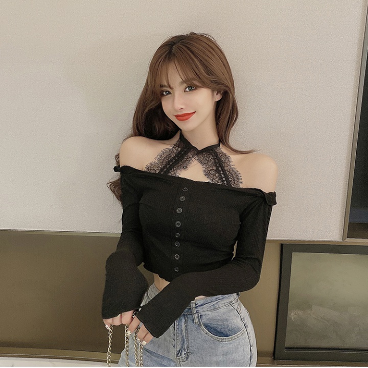 Splice halter hollow T-shirt sexy spring and autumn lace shirts