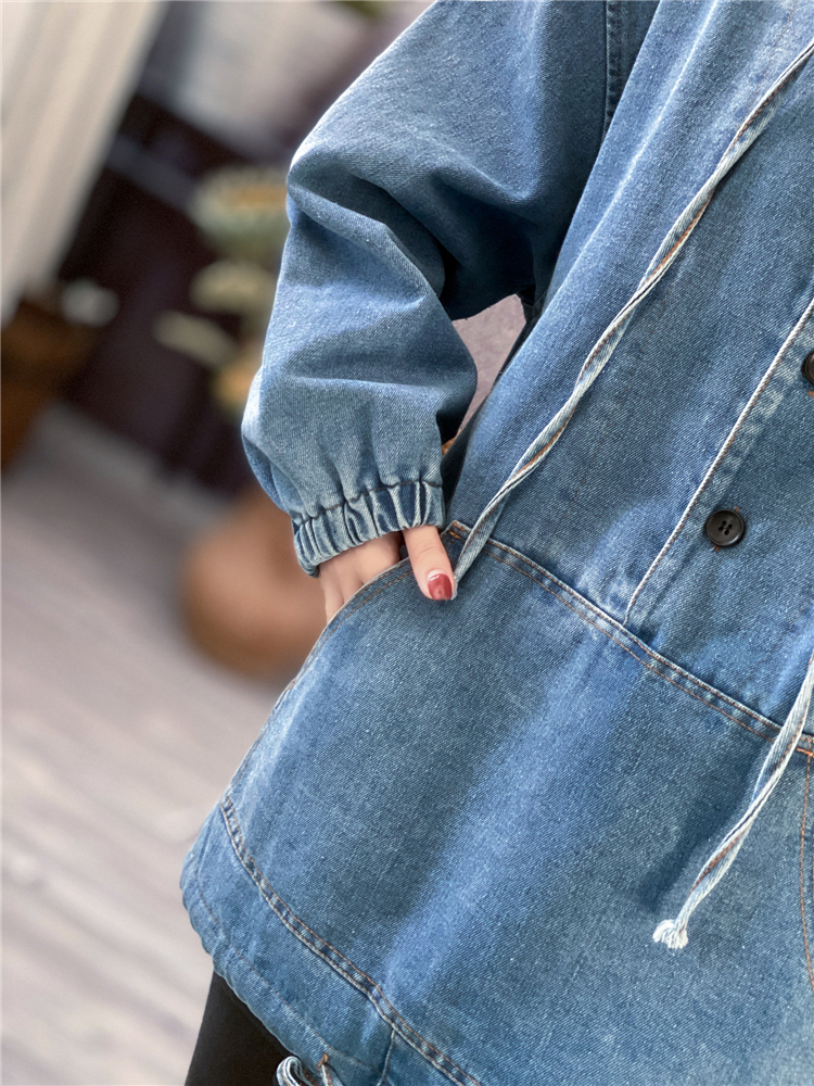 Korean style large pockets denim hoodie pullover loose tops