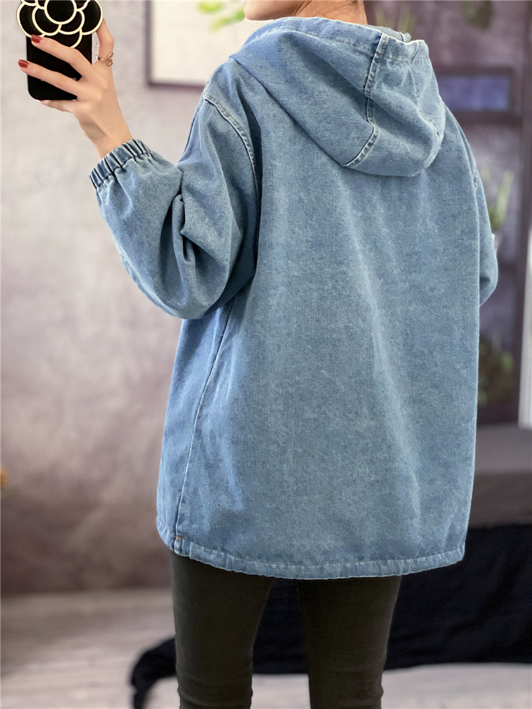 Korean style large pockets denim hoodie pullover loose tops