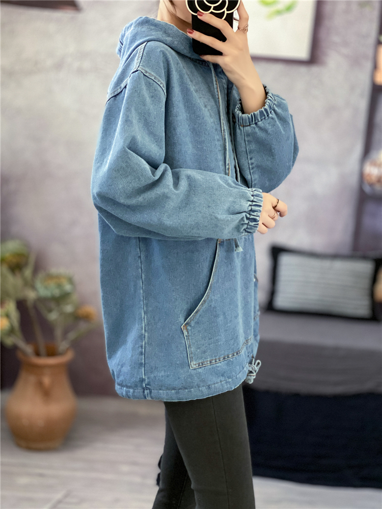 Korean style large pockets denim hoodie pullover loose tops