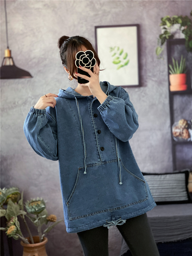 Korean style large pockets denim hoodie pullover loose tops