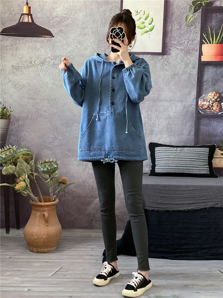 Korean style large pockets denim hoodie pullover loose tops