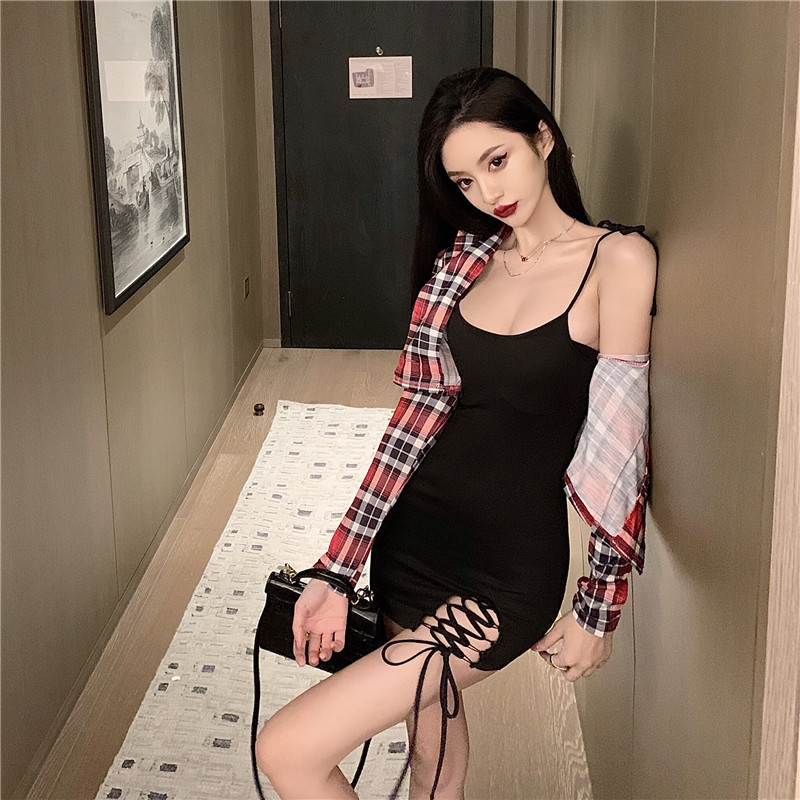 Short autumn and winter shirt sling split dress 2pcs set