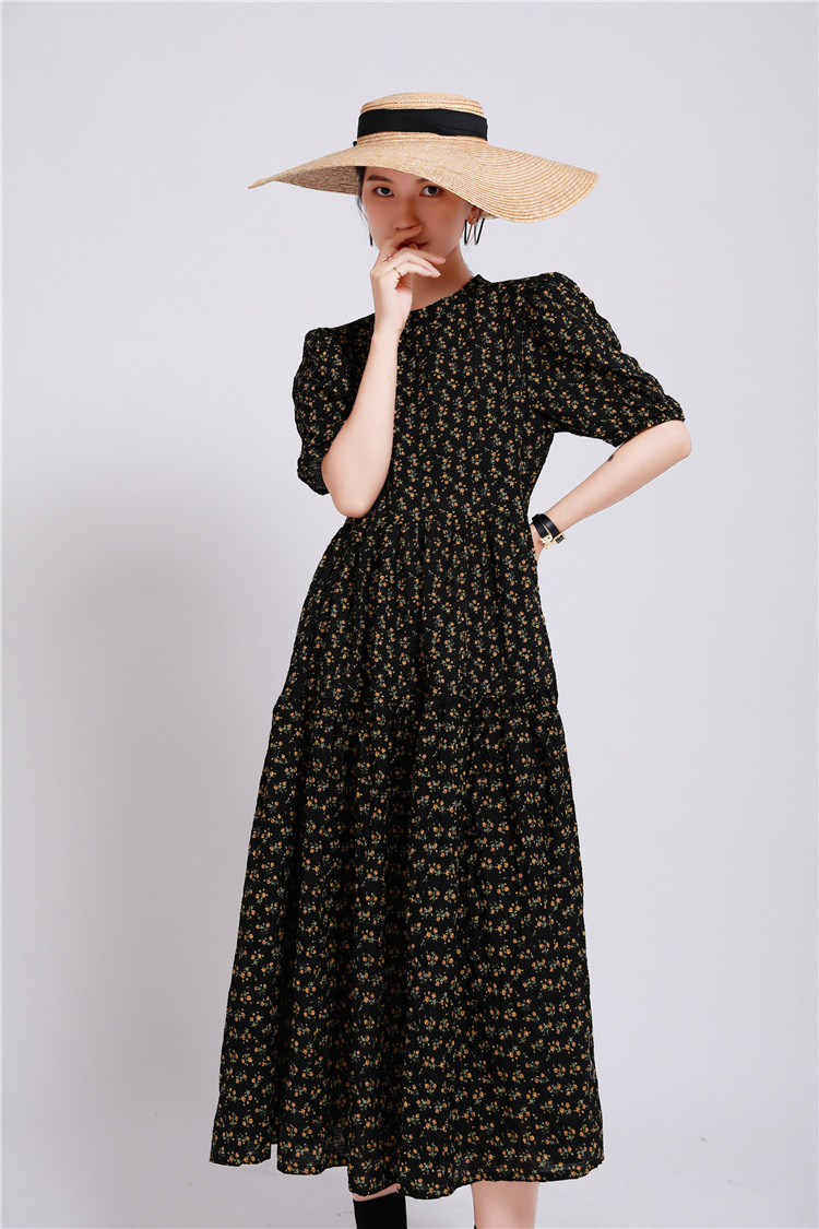 Summer long exceed knee floral puff sleeve dress for women
