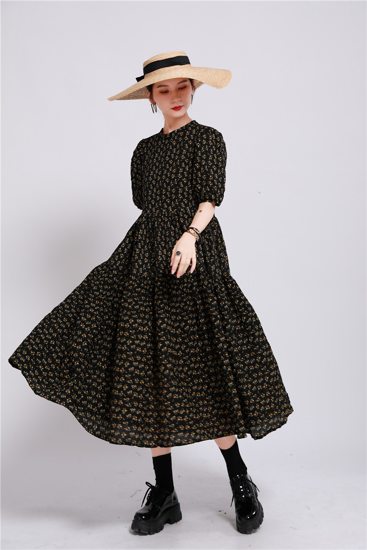Summer long exceed knee floral puff sleeve dress for women