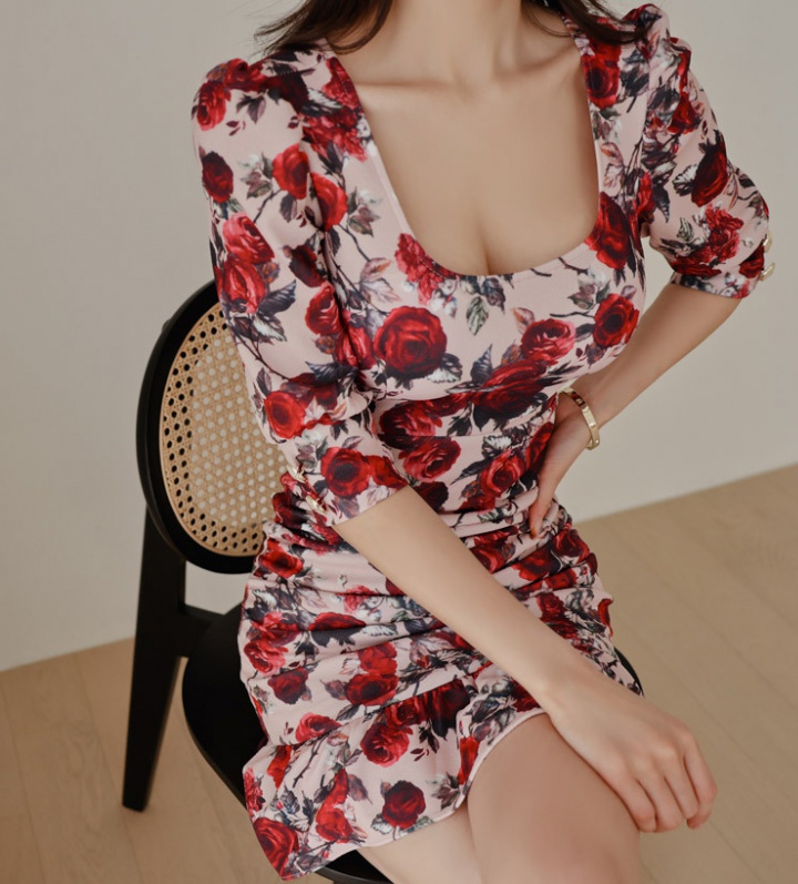 Elegant Korean style printing winter package hip dress