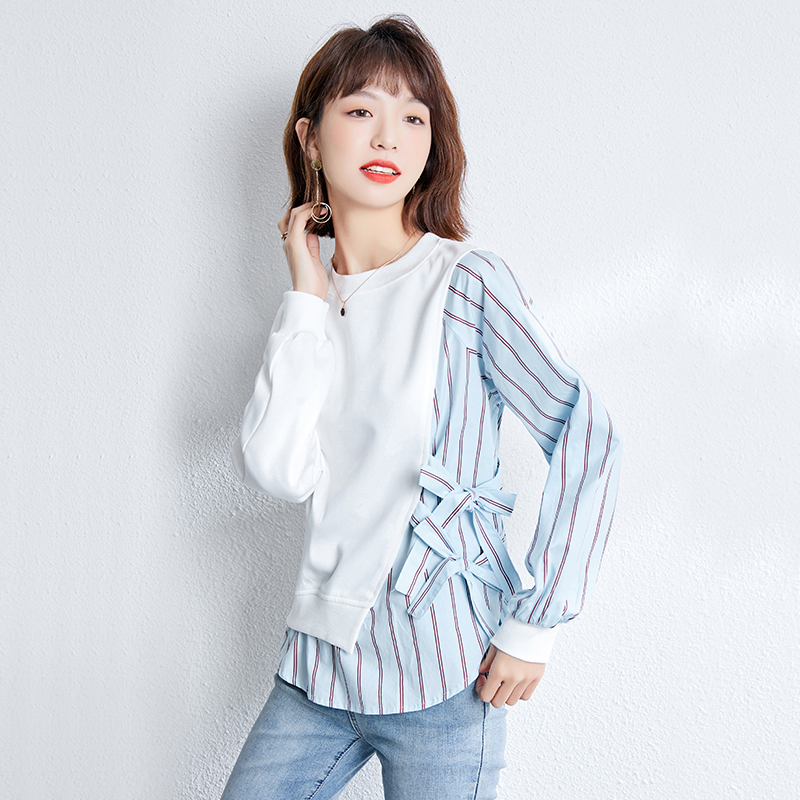 Long sleeve spring T-shirt loose Pseudo-two tops for women