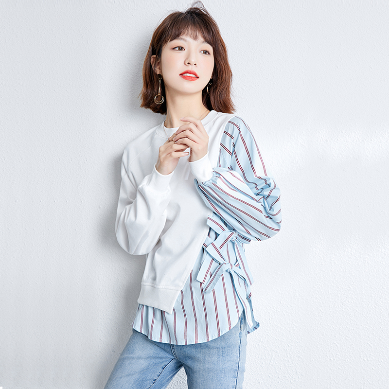 Long sleeve spring T-shirt loose Pseudo-two tops for women