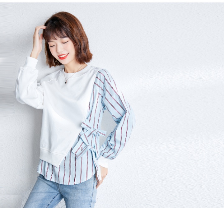 Long sleeve spring T-shirt loose Pseudo-two tops for women