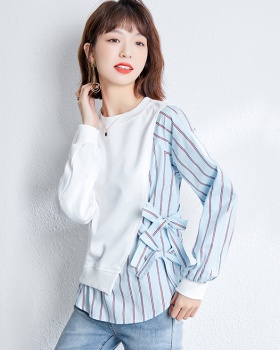 Long sleeve spring T-shirt loose Pseudo-two tops for women