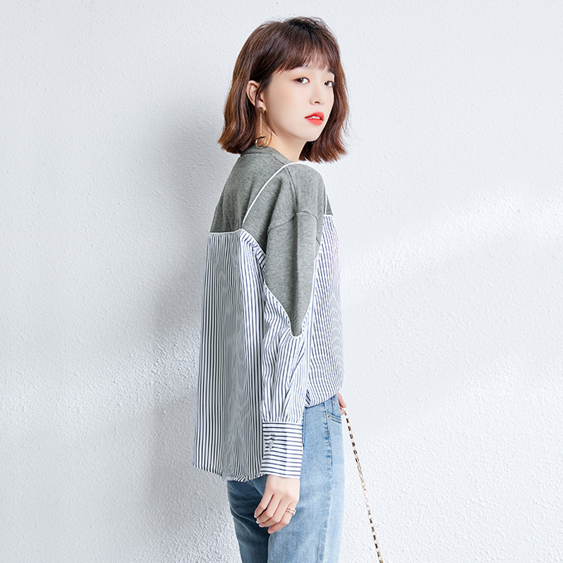 Stripe Pseudo-two shirt loose spring tops for women