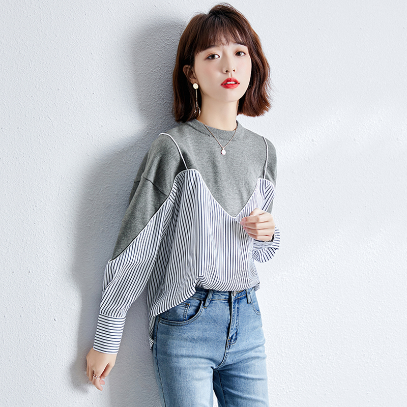 Stripe Pseudo-two shirt loose spring tops for women