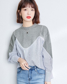 Stripe Pseudo-two shirt loose spring tops for women
