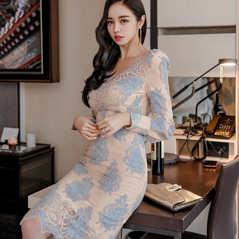 Spring long package hip lace ladies Korean style dress