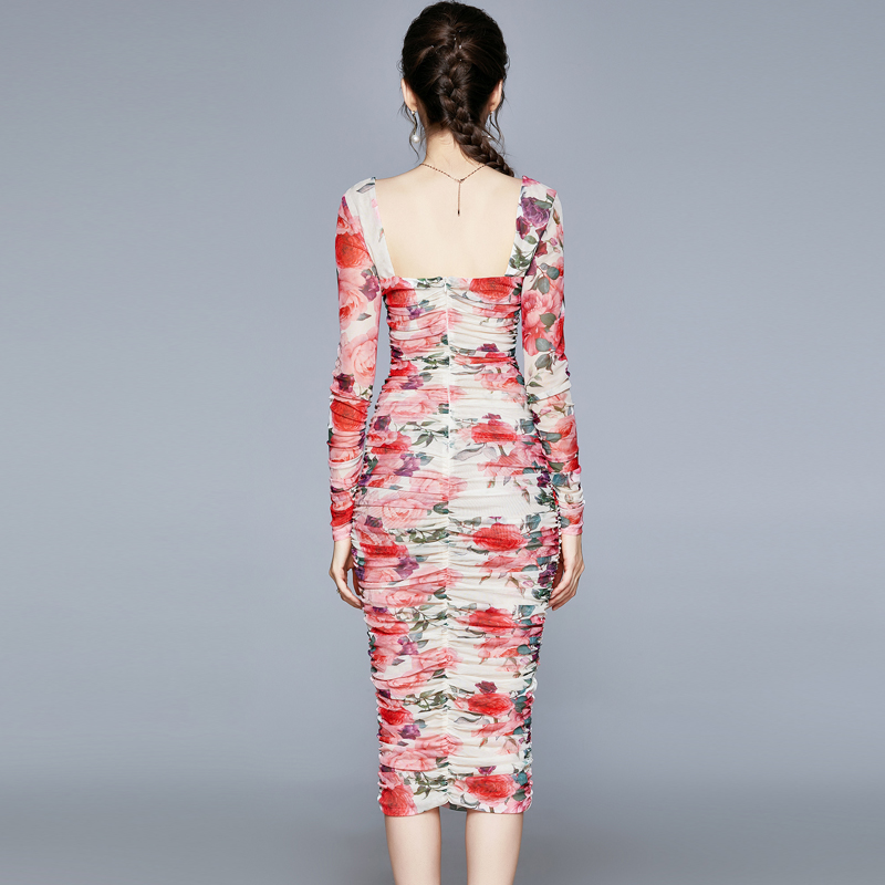 Rose gauze France style long sleeve slim package hip dress