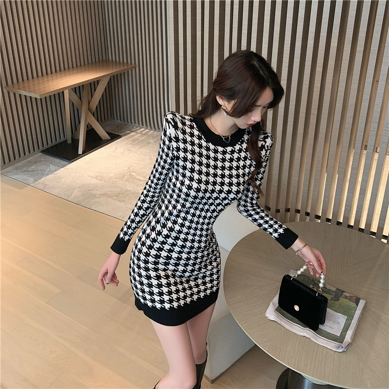 All-match retro houndstooth bottoming dress