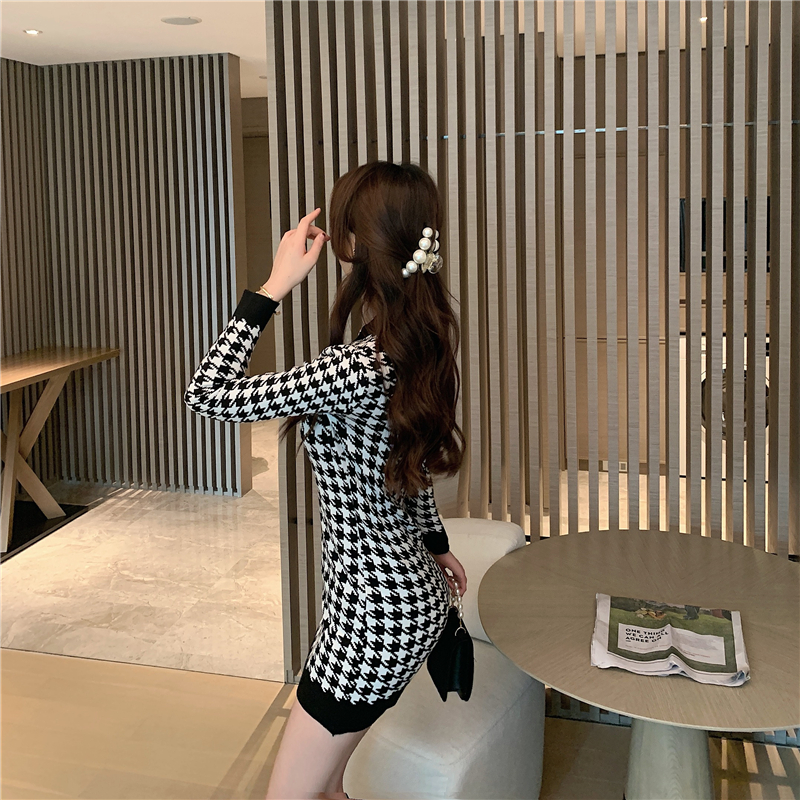 All-match retro houndstooth bottoming dress