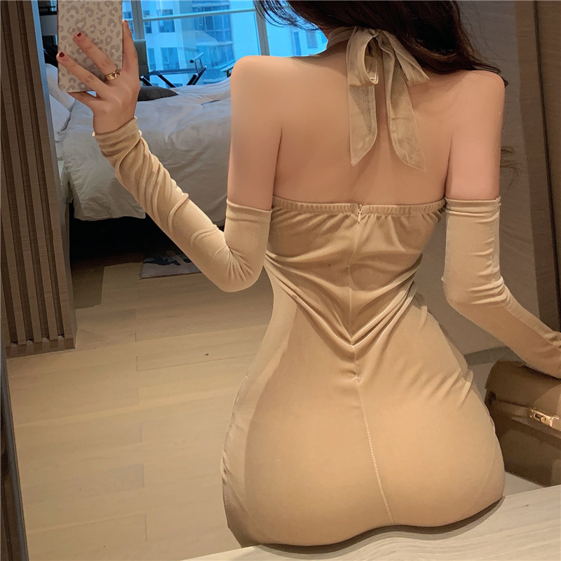 Pinched waist bandage sexy velvet slim dress