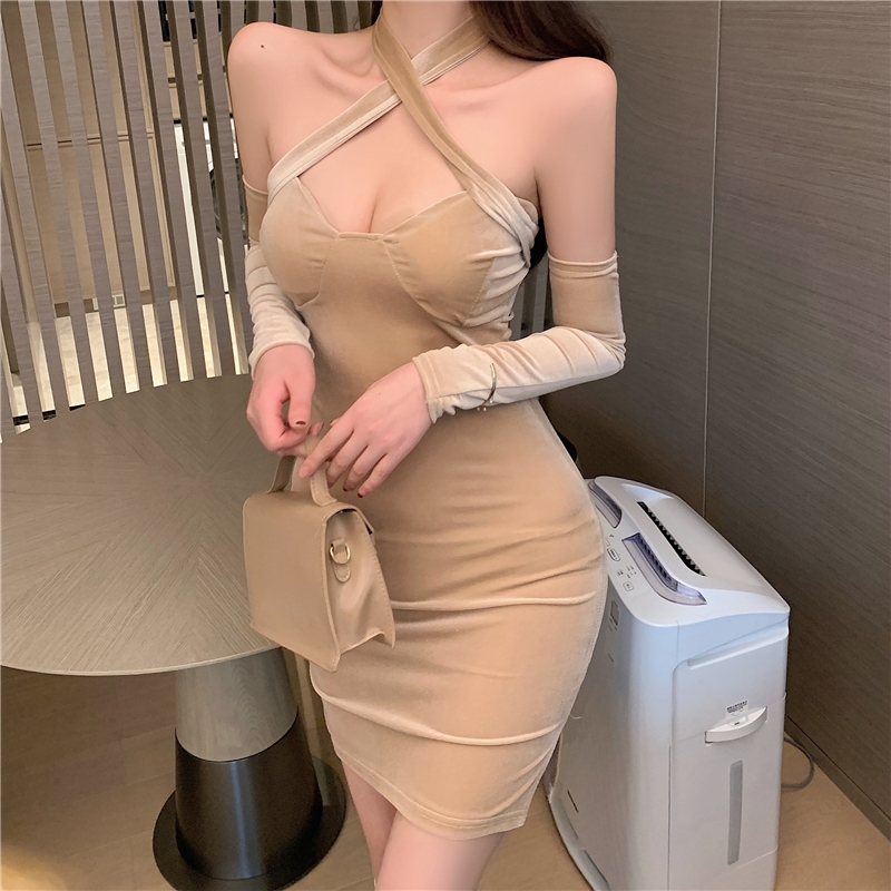 Pinched waist bandage sexy velvet slim dress