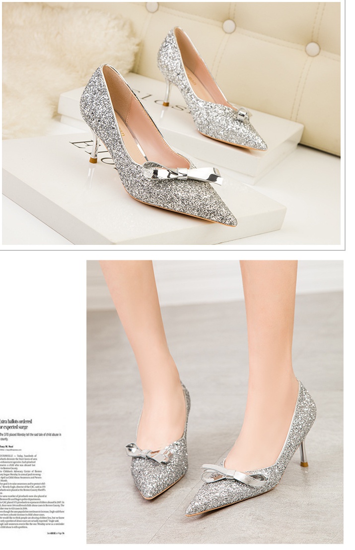 Bow Korean style high-heeled shoes sequins fine-root shoes