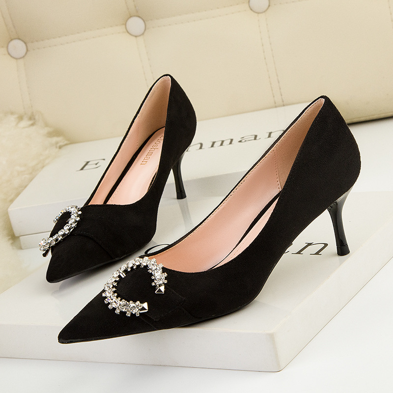 Sequins pointed stilettos slim belt buckle shoes