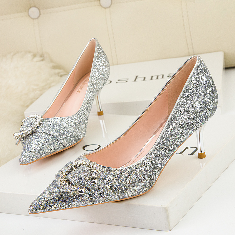 Sequins pointed stilettos slim belt buckle shoes