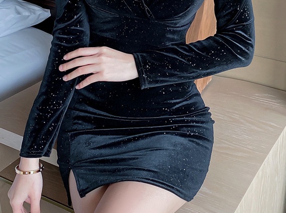 Low-cut glitter package hip sexy pinched waist slim dress