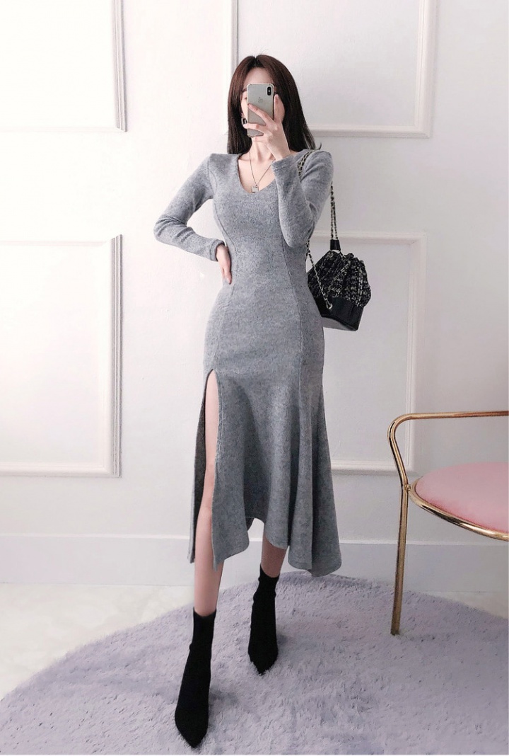 V-neck autumn and winter slim temperament thick knitted dress