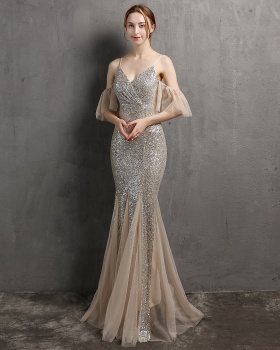 Silk preside banquet mermaid sequins model evening dress