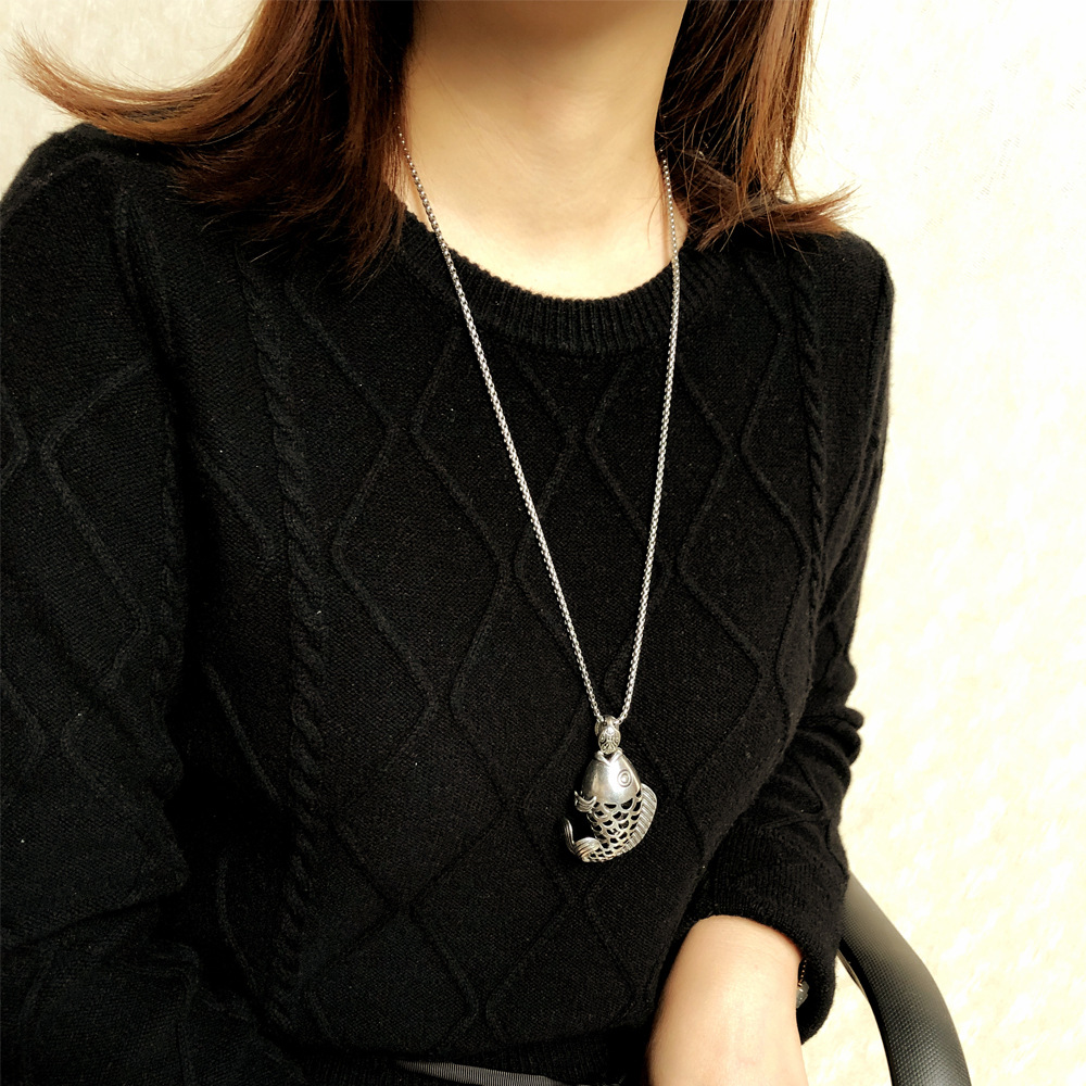 Steel stereoscopic national style long pendant necklace