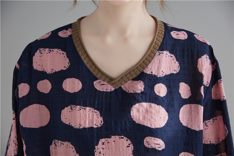 Loose art all-match T-shirt cotton linen V-neck tops for women