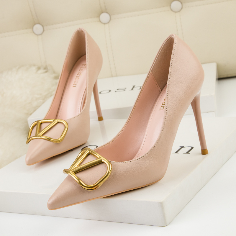 Low fashion shoes side buckle pointed stilettos for women