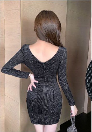 Long sleeve V-neck sexy bottoming dress for women