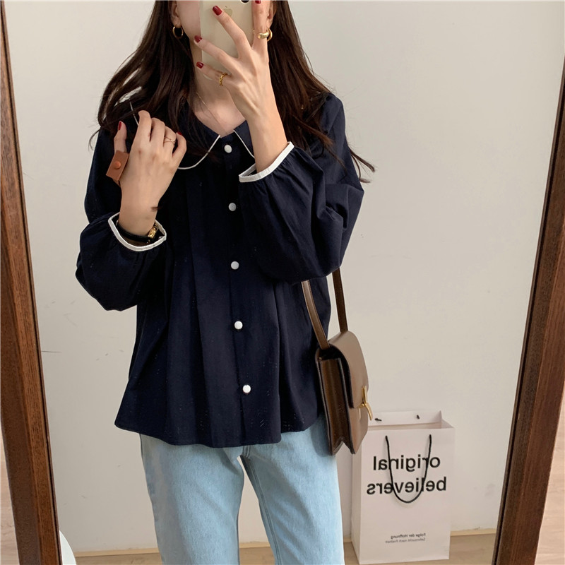 Simple pure long sleeve doll collar Korean style shirt