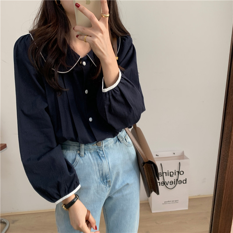 Simple pure long sleeve doll collar Korean style shirt