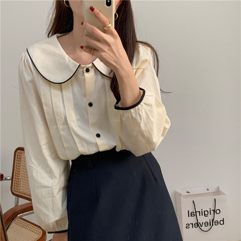 Simple pure long sleeve doll collar Korean style shirt