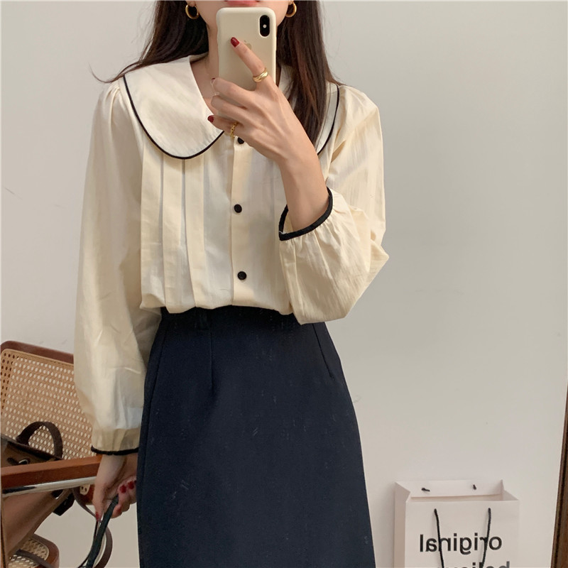 Simple pure long sleeve doll collar Korean style shirt